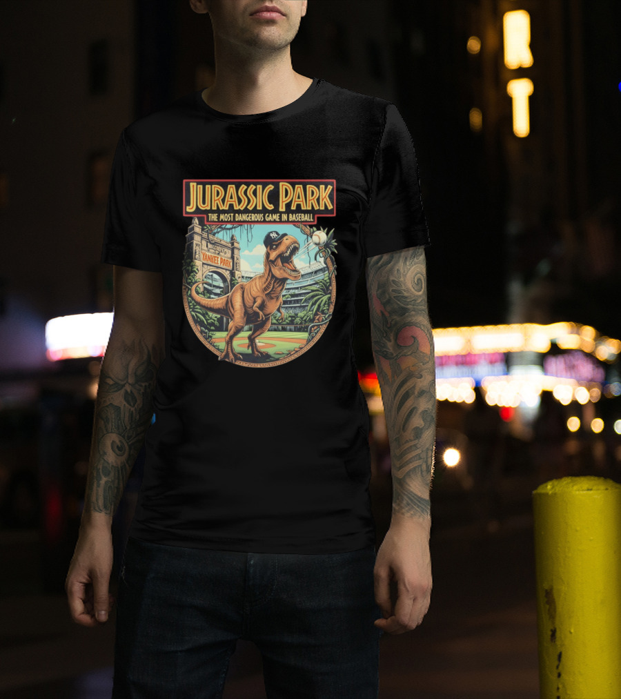Jurassic Park The Most Dangerous Game In Baseball Yankee Park Rex Stadium Adventure T-Shirt