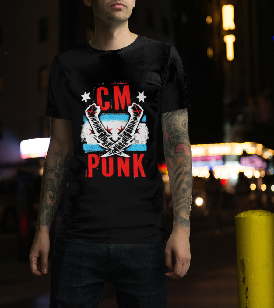 CM Punk Chicago Flag Lightning Bolt Fist WWE Stars T-Shirt