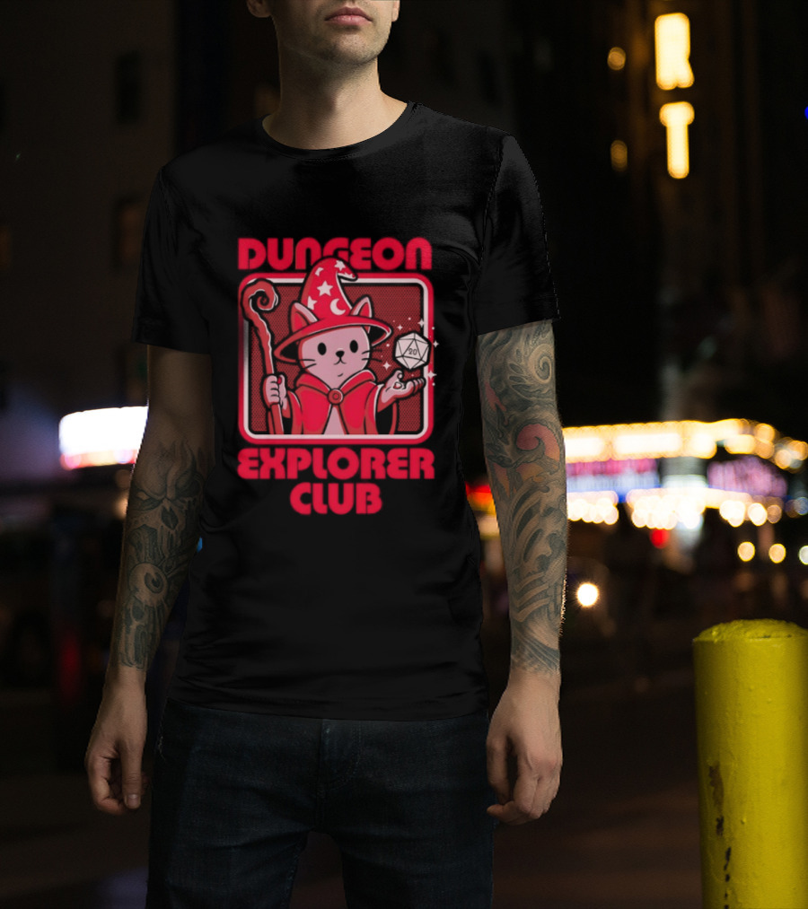 Dungeon Explorer Club Wizard Cat With D20 Dice Magic Wand T-Shirt