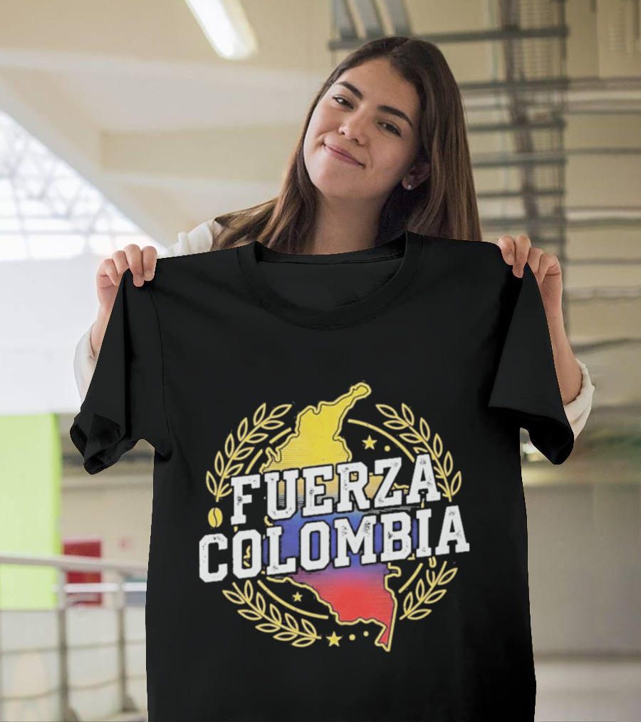 Fuerza Colombia Map Yellow Blue Red Laurel And Stars T-Shirt