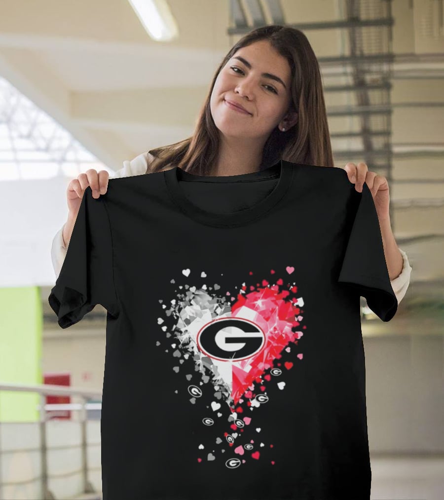 Georgia Bulldogs Heart Shaped Red And White Gemstone T-Shirt