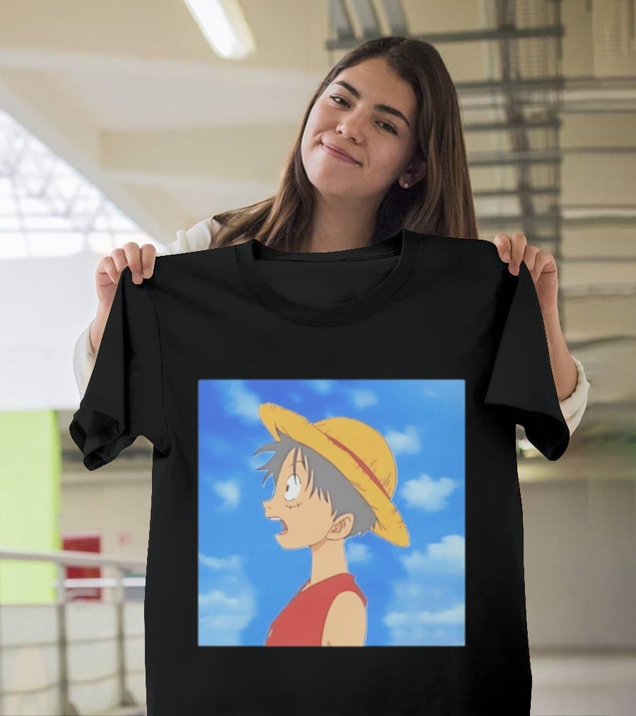 Monkey D Luffy Sky Gazing Red Vest Yellow Straw Hat Anime Scene Clouds Blue Sky T-Shirt