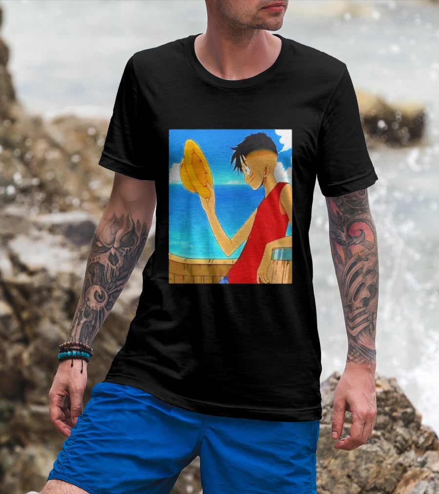 One Piece Luffy Taper Fade Anime Manga Straw Hat Ocean Scene T-Shirt