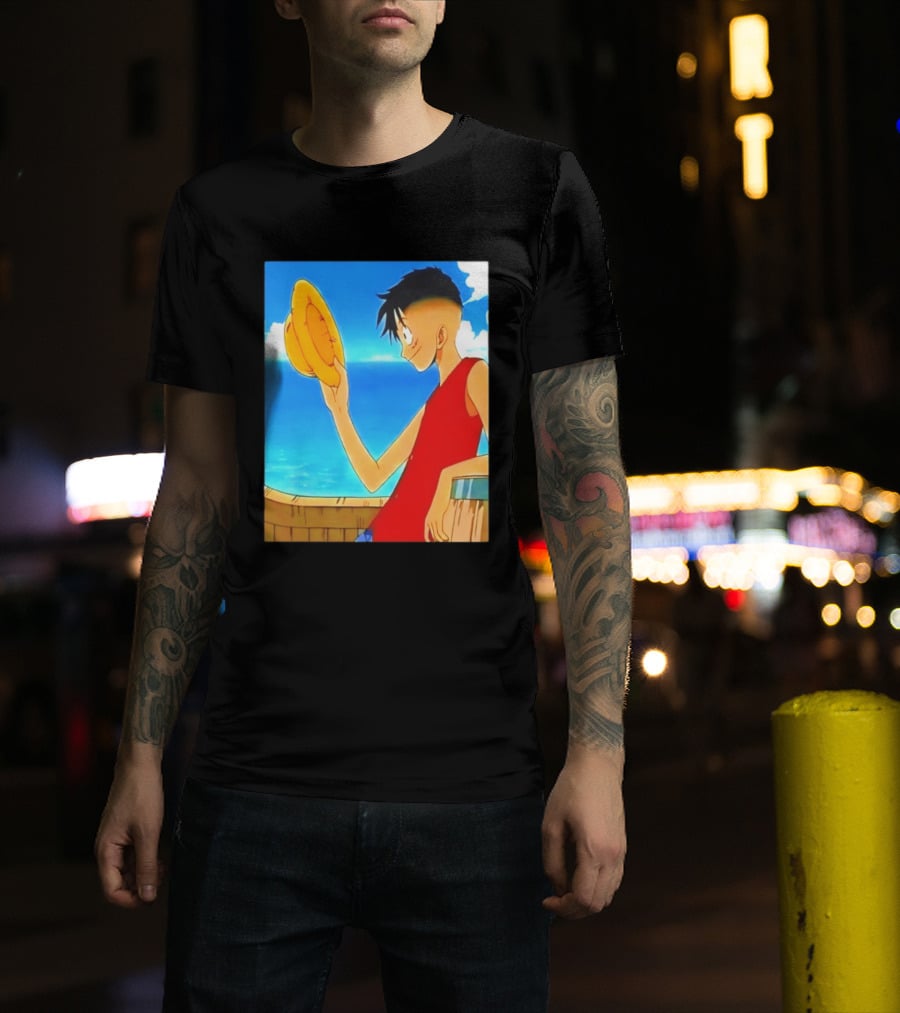 One Piece Luffy Taper Fade Anime Manga Straw Hat Ocean Scene T-Shirt