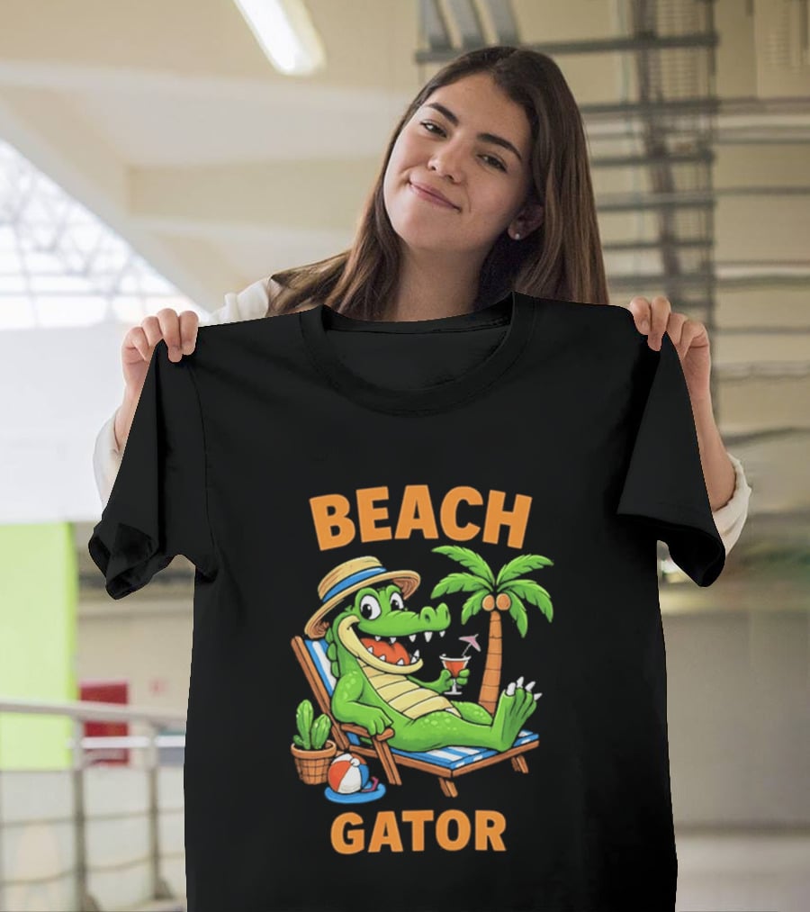Beach Gator Tropical Alligator Vacation Relaxing With Cocktail Palm Tree T-Shirt