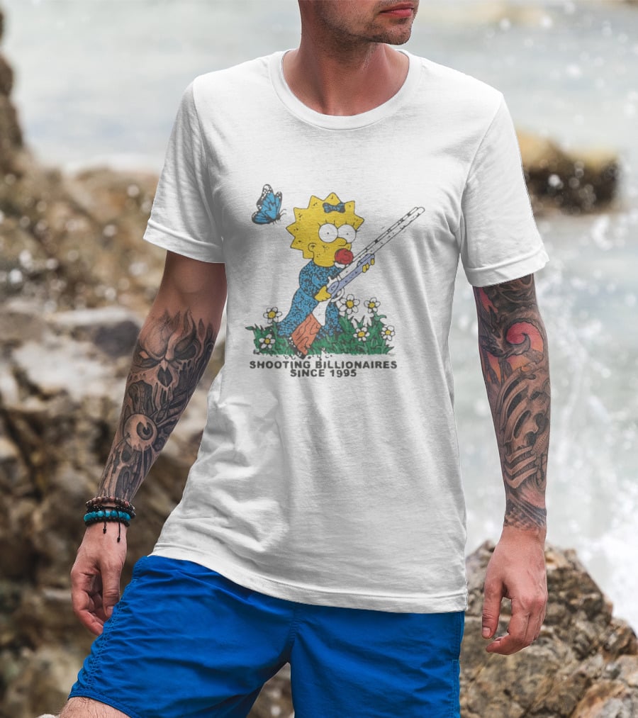 Maggie Simpson Shooting Billionaires Butterfly And Flowers Since 1995 T-Shirt