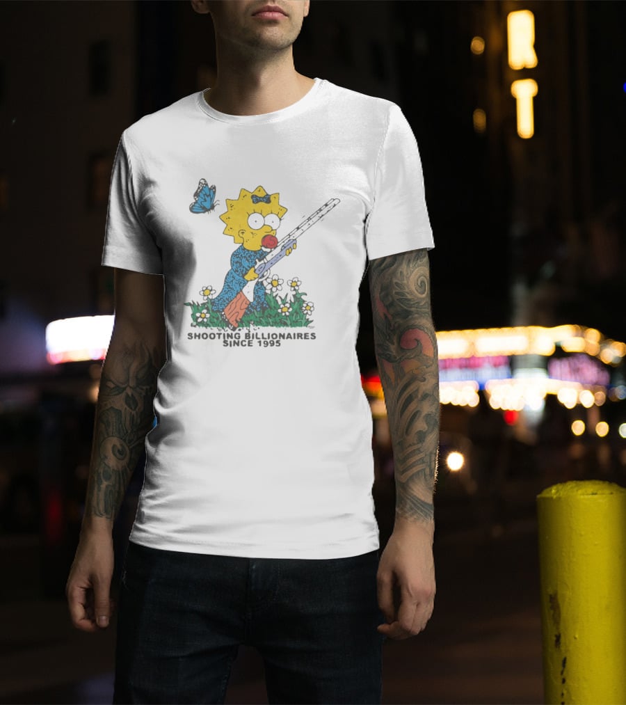 Maggie Simpson Shooting Billionaires Butterfly And Flowers Since 1995 T-Shirt