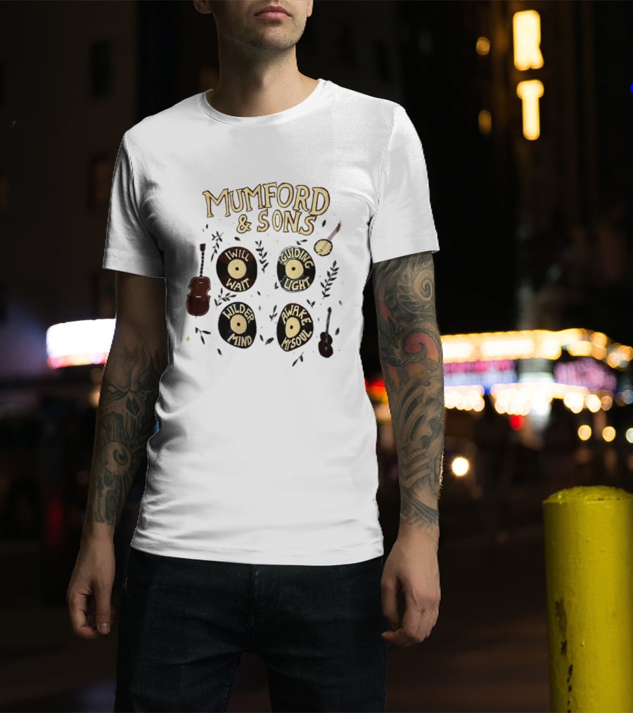 Mumford And Sons I Will Wait Guiding Light Wilder Mind Awake My Soul Vinyl Record Banjo Guitar T-Shirt