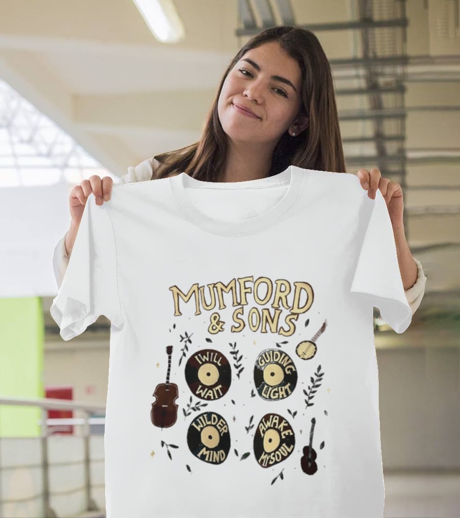 Mumford And Sons I Will Wait Guiding Light Wilder Mind Awake My Soul Vinyl Record Banjo Guitar T-Shirt