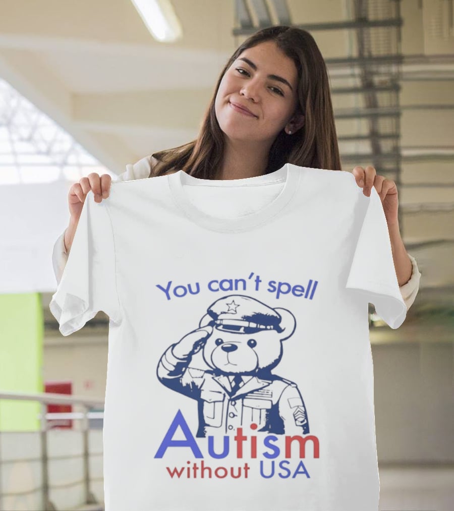 Patriotic Bear Saluting With You Can't Spell Autism Without USA T-Shirt