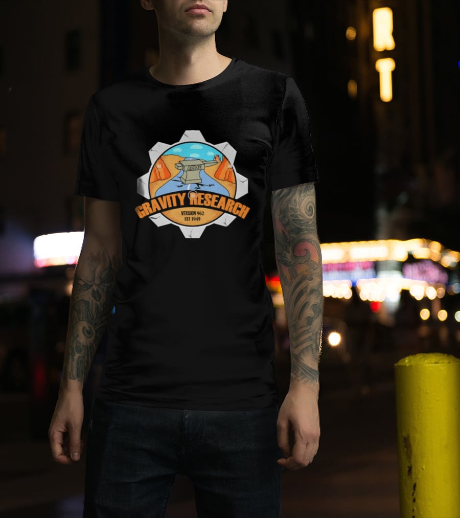 Acme Gravity Research Version 962 Est 1949 Cartoon Desert Road Scene T-Shirt