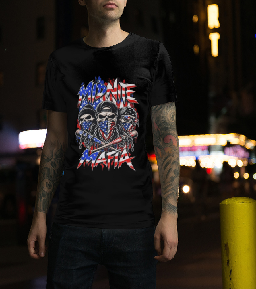 Midnite Mafia Skulls American Flag Bandanas Baseball Bats Chains T-Shirt
