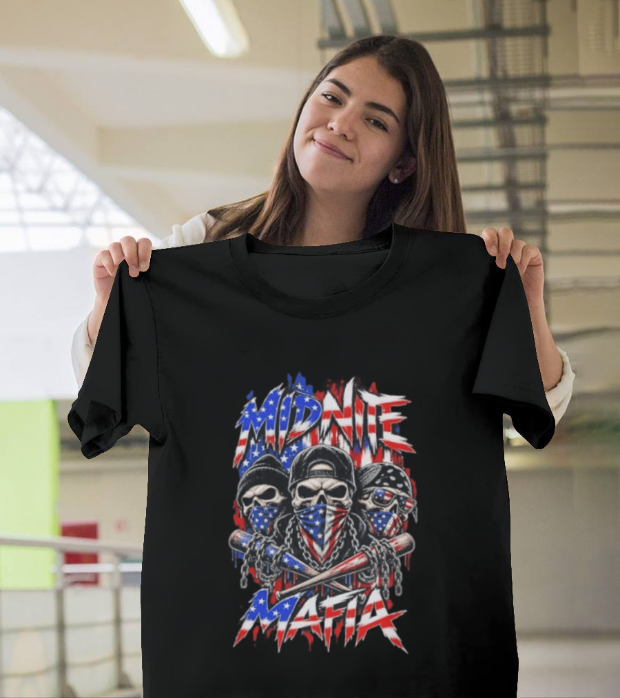 Midnite Mafia Skulls American Flag Bandanas Baseball Bats Chains T-Shirt