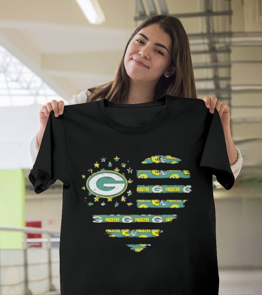 Green Bay Packers 2026 Season American Flag Heart Packers Gamers NFL Football Fans T-Shirt