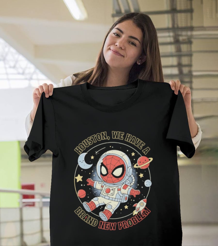 Houston We Have A Brand New Problem Spider Man Astronaut Moon Stars Planets T-Shirt