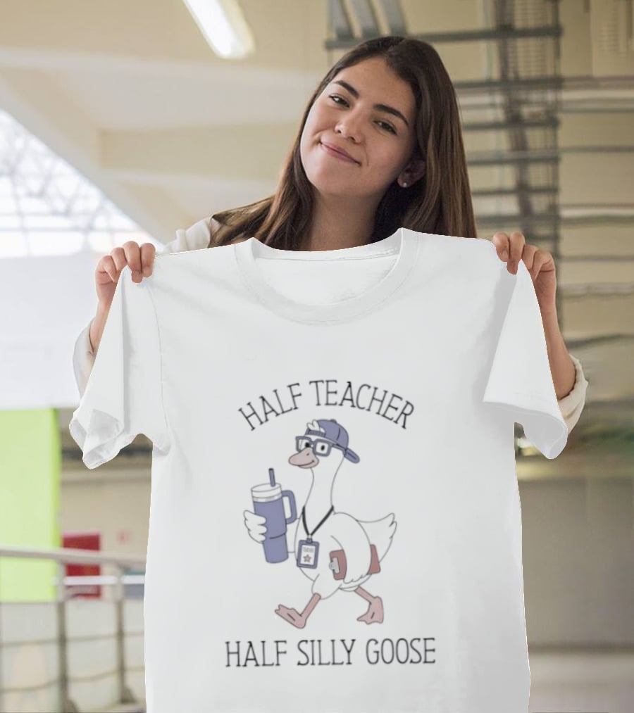 Half Teacher Half Silly Goose Funny Cartoon Duck With Coffee And School Supplies T-Shirt
