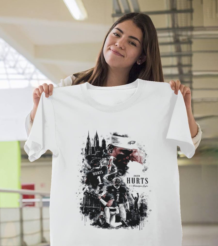 Jalen Hurts 1 Philadelphia Eagles 2026 Two Sided Football T-Shirt