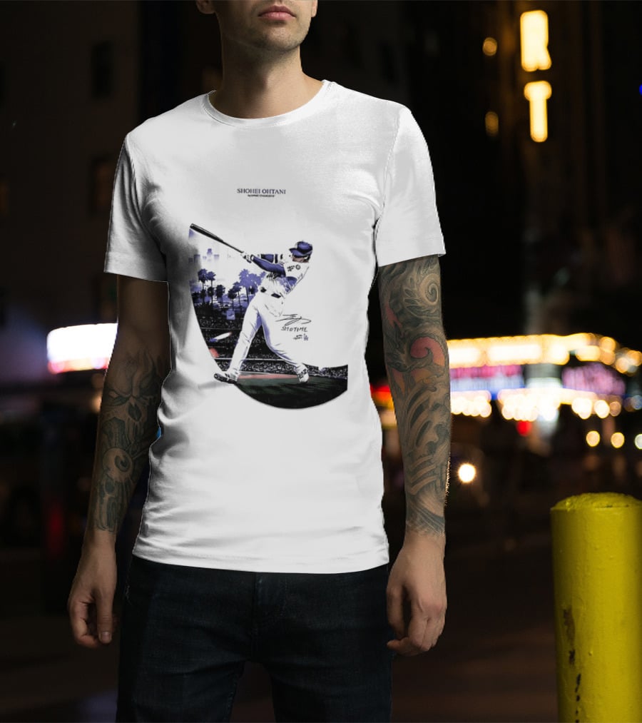 Shohei Ohtani 17 Los Angeles Angels MLB Slugger Swing Two Sided T-Shirt