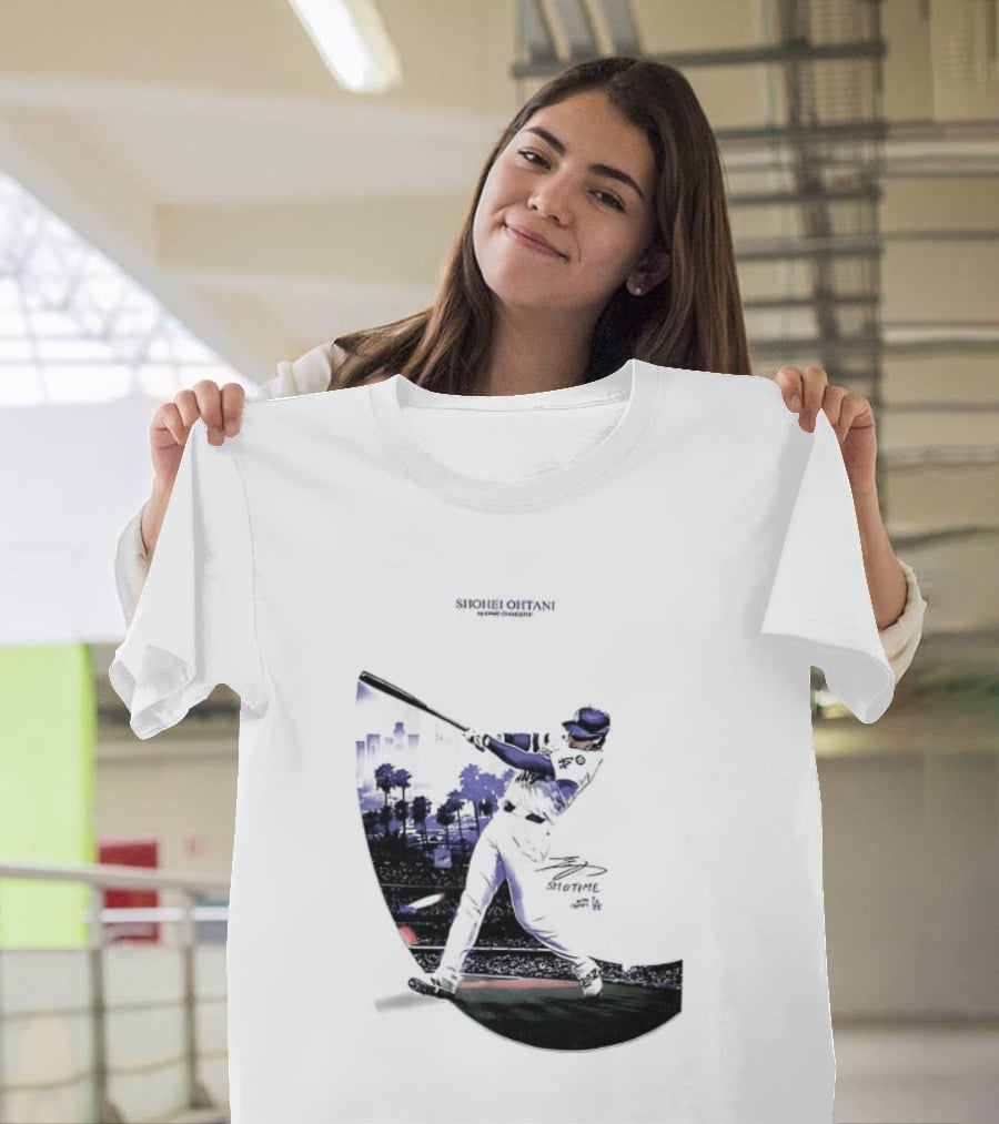 Shohei Ohtani 17 Los Angeles Angels MLB Slugger Swing Two Sided T-Shirt