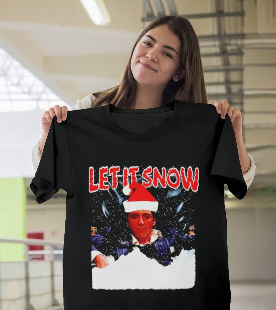 Let It Snow Al Pacino Scarface Tony Montana Snowflakes Santa Hat T-Shirt