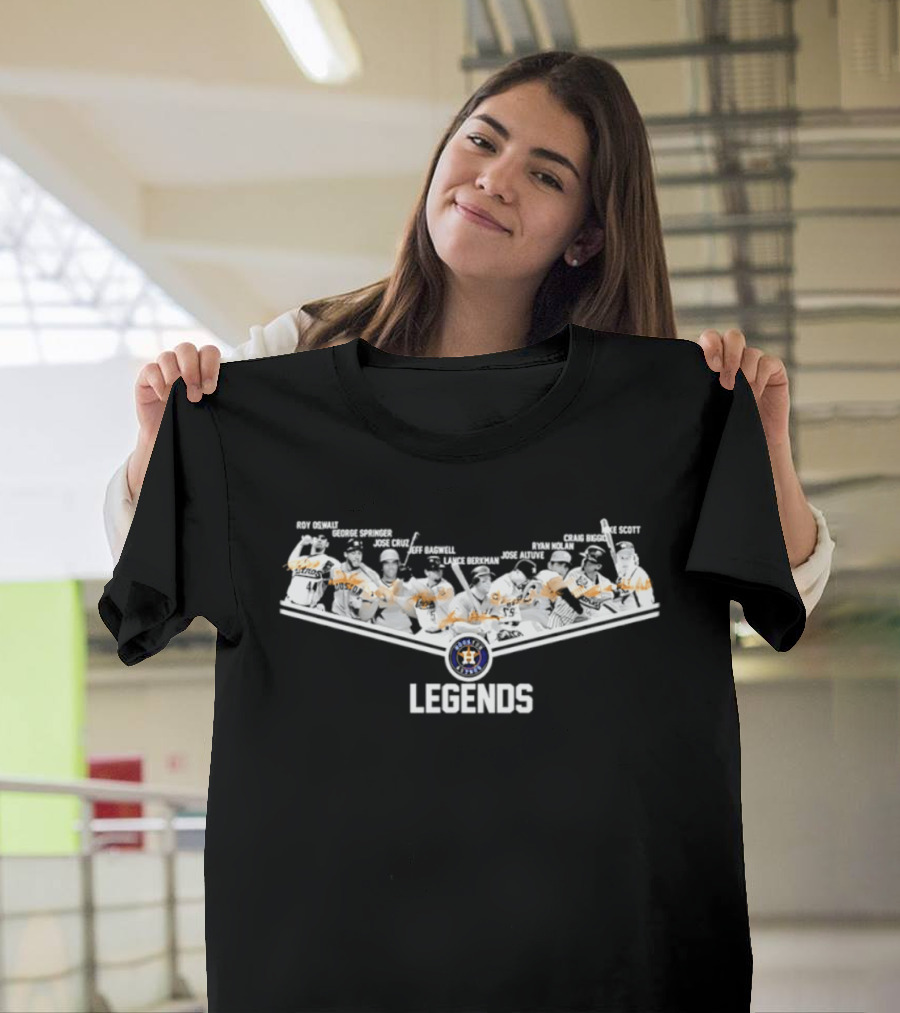 Houston Astros Legends Roy Oswalt George Springer Jose Cruz Jeff Bagwell Lance Berkman Jose Altuve Nolan Ryan Craig Biggio Mike Scott Signatures T-Shirt