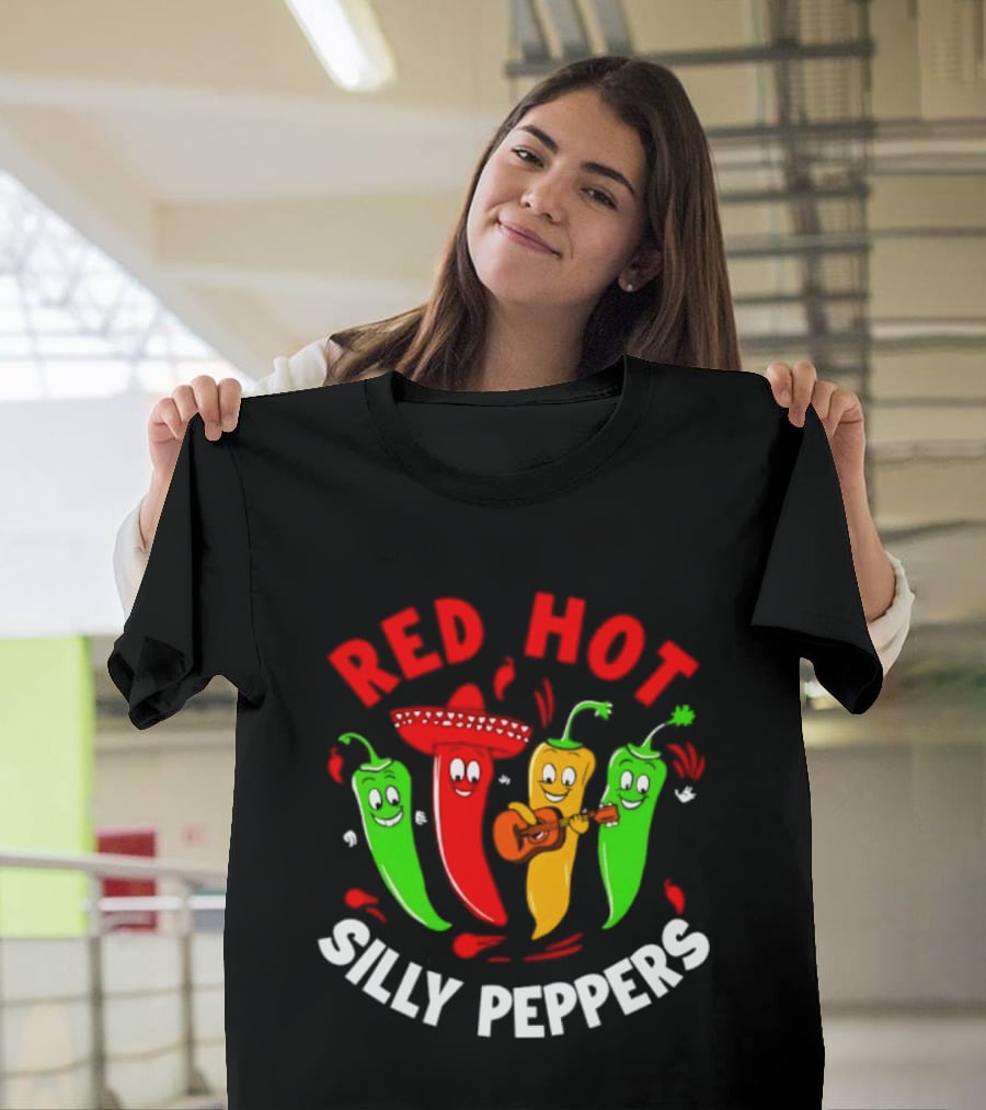 Red Hot Silly Peppers Band With Colorful Chili Cartoon Characters Playing Guitar T-Shirt