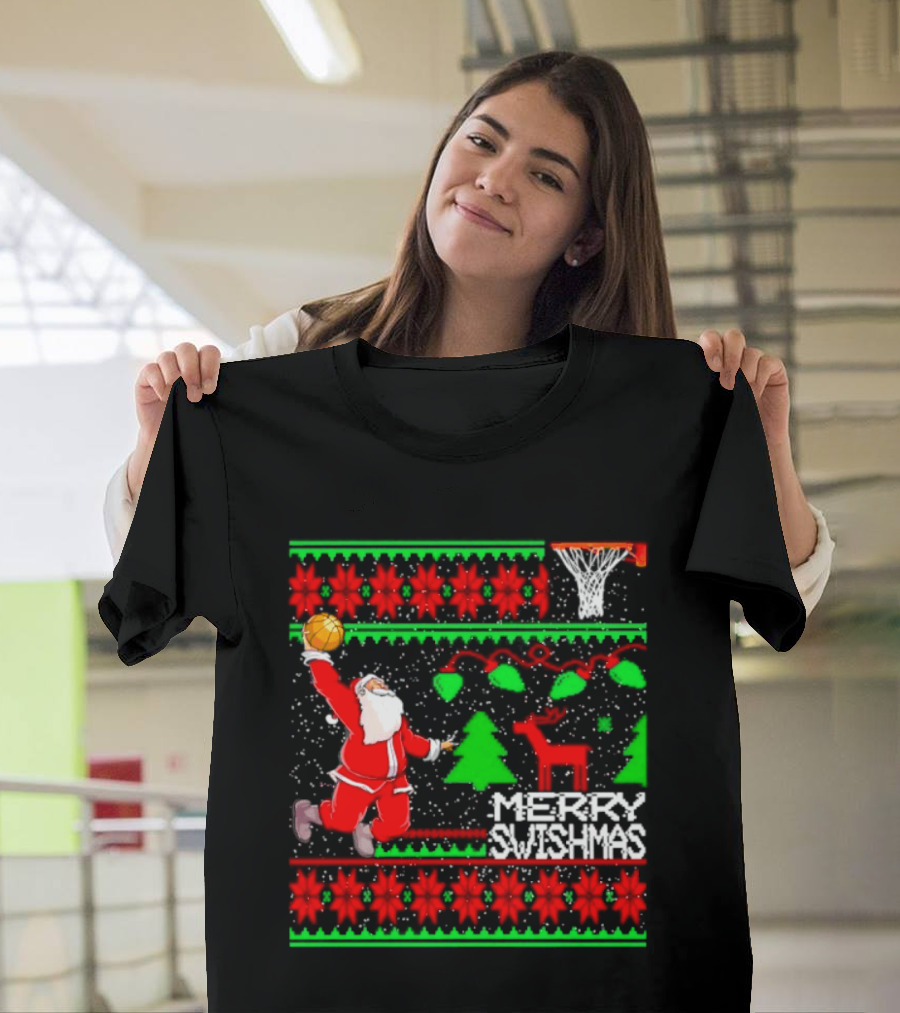 Santa Claus Dunking Basketball Ugly Christmas Sweater Merry Swishmas T-Shirt