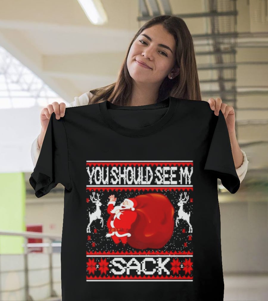 You Should See My Sack Santa Claus Ugly Christmas Reindeer Snowflakes T-Shirt