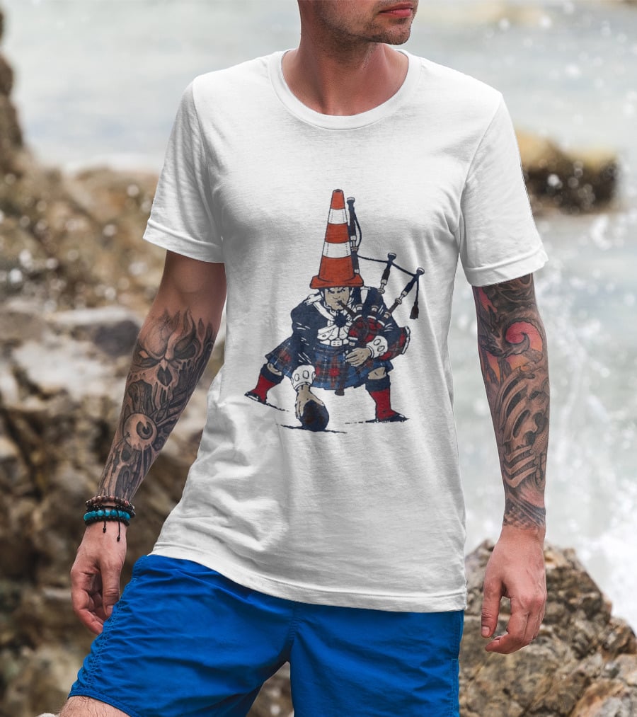 Bagpipes Player With Traffic Cone Hat Scottish Kilt Outfit T-Shirt