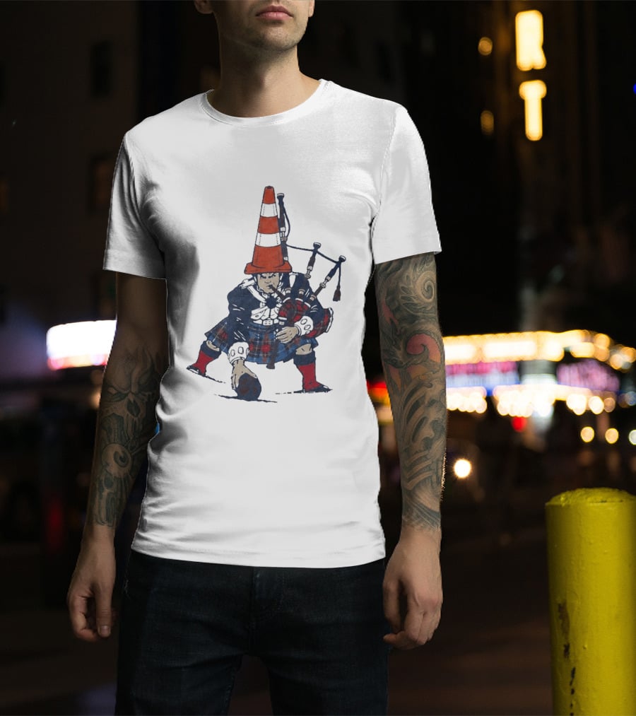 Bagpipes Player With Traffic Cone Hat Scottish Kilt Outfit T-Shirt