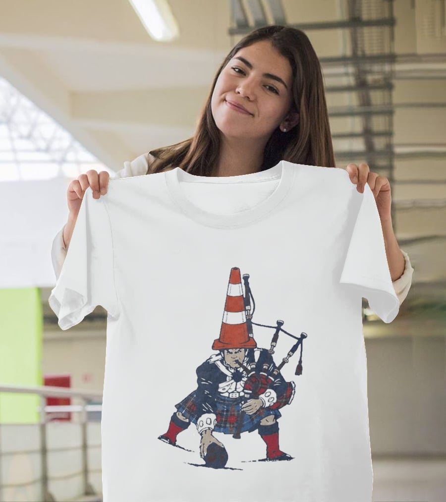 Bagpipes Player With Traffic Cone Hat Scottish Kilt Outfit T-Shirt