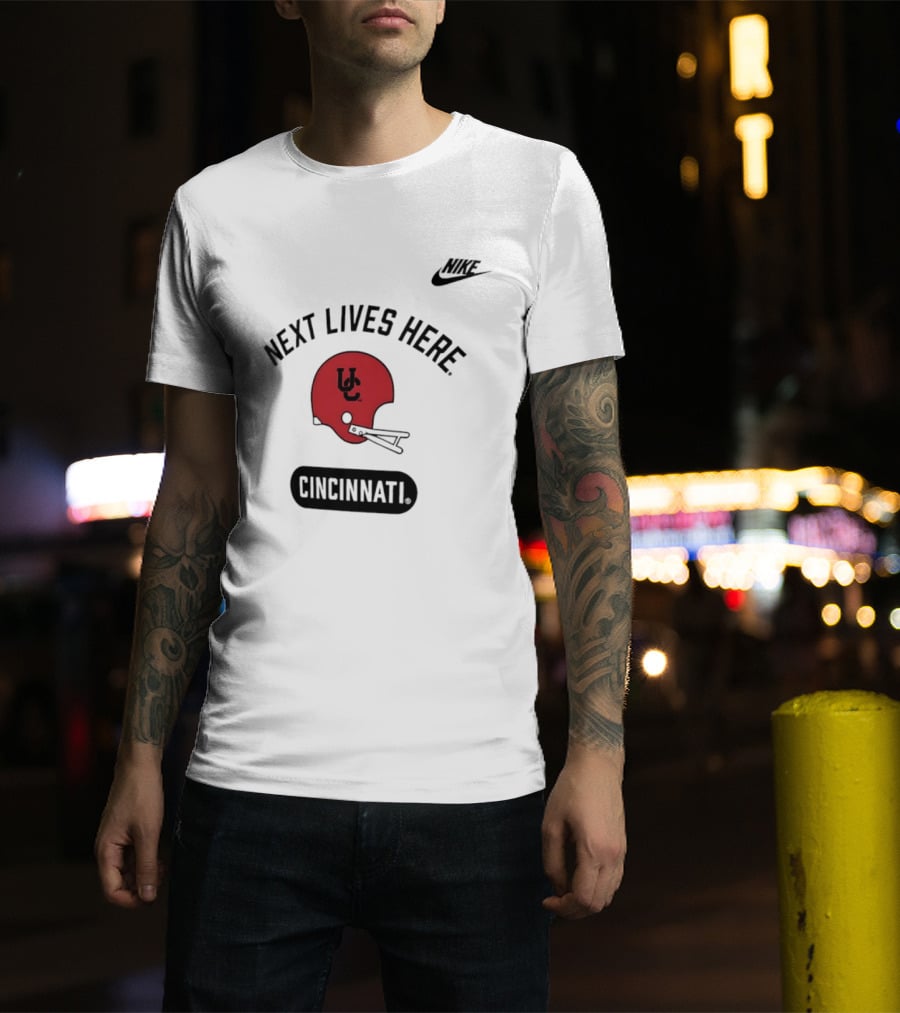 Next Lives Here Cincinnati UC Football Helmet Nike T-Shirt