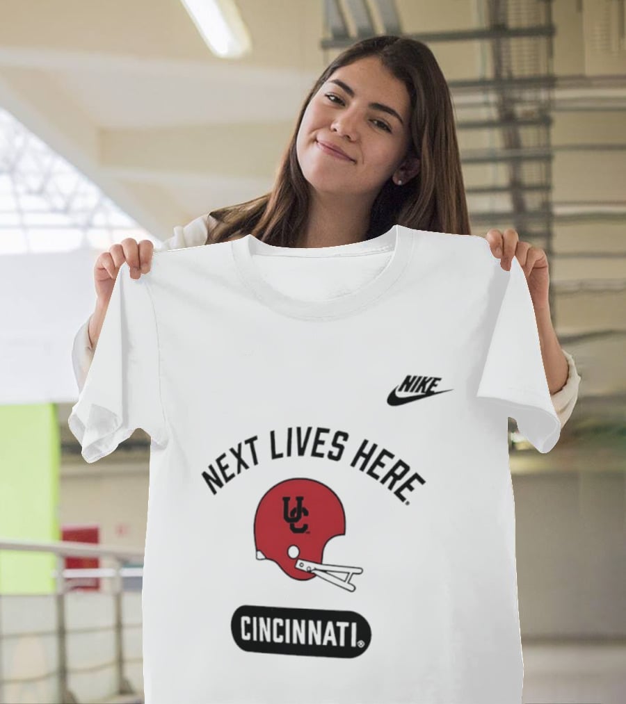 Next Lives Here Cincinnati UC Football Helmet Nike T-Shirt
