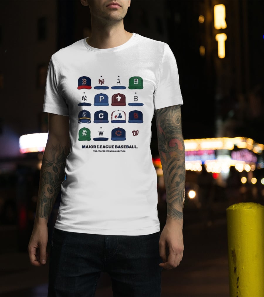 Major League Baseball Cooperstown Collection Cap Collage Featuring Historic Team Logos T-Shirt