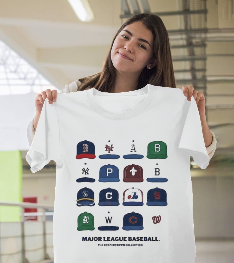 Major League Baseball Cooperstown Collection Cap Collage Featuring Historic Team Logos T-Shirt