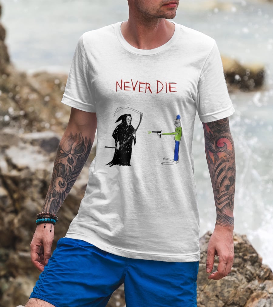 Never Die Grim Reaper Confronts Armed Man Drawing T-Shirt
