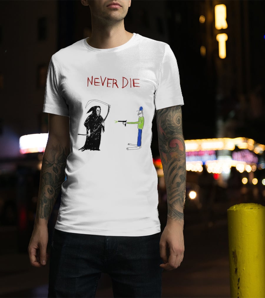 Never Die Grim Reaper Confronts Armed Man Drawing T-Shirt