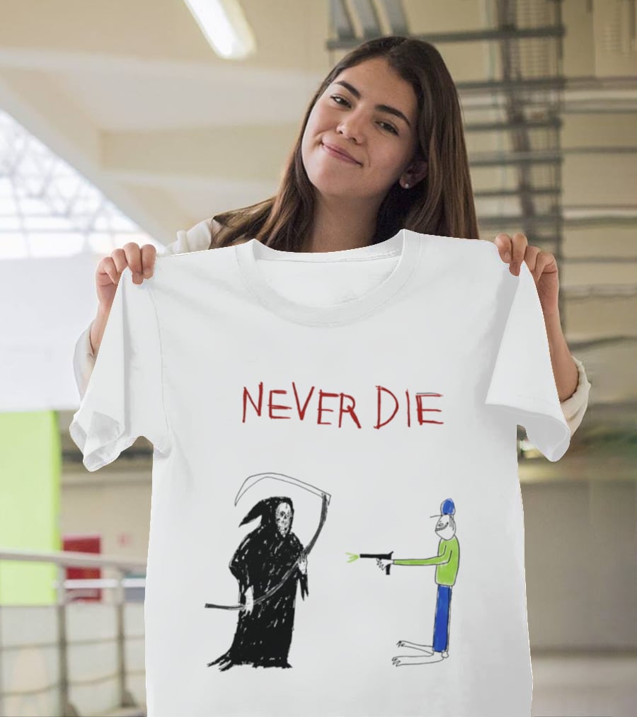 Never Die Grim Reaper Confronts Armed Man Drawing T-Shirt