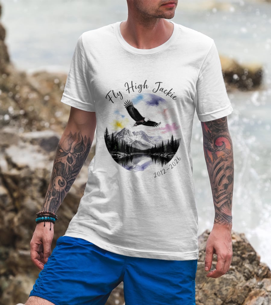 Fly High Jackie 2012 2026 Eagle Mountain Lake Memorial With Soaring Eagle And Scenic Sunset T-Shirt