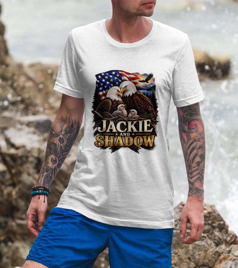 Jackie And Shadow Bald Eagles With American Flag T-Shirt