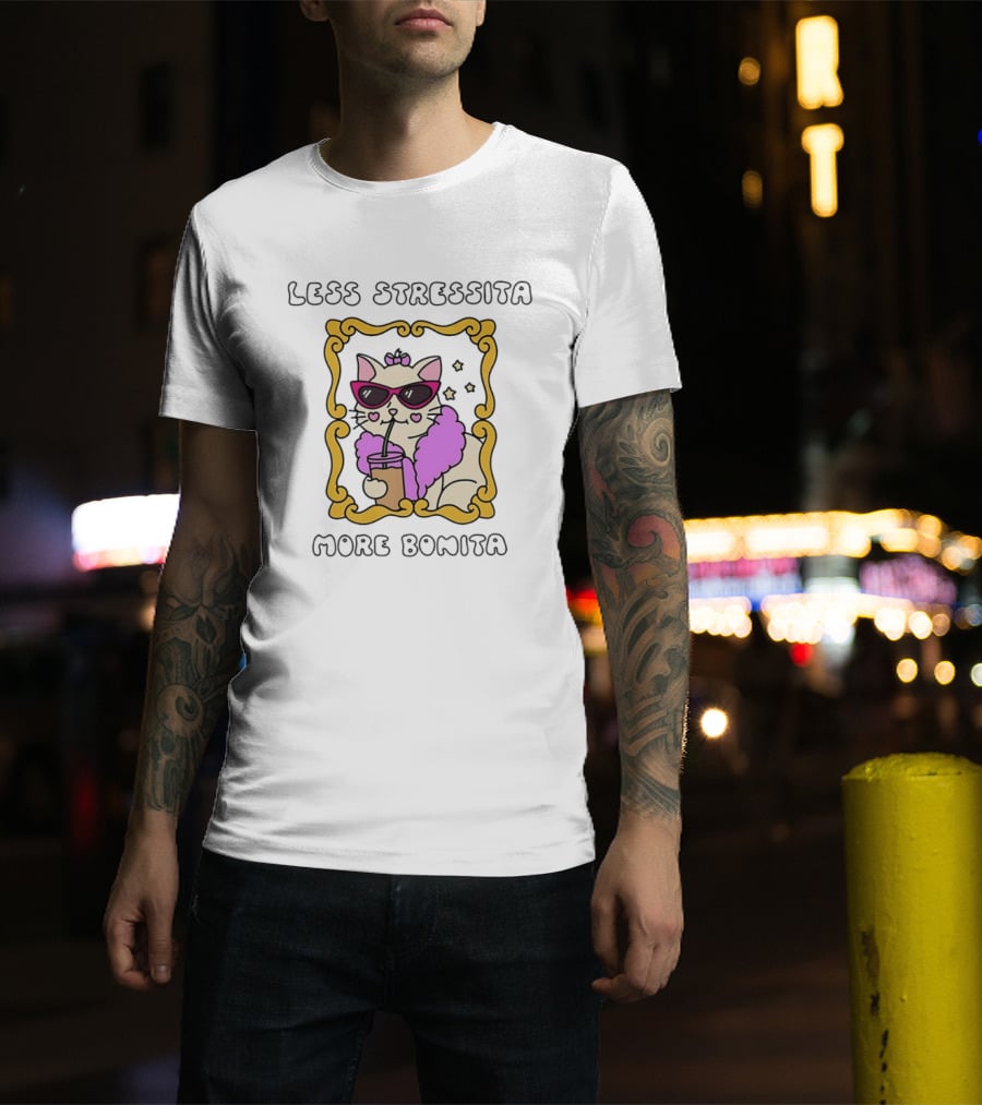 Less Stressita More Bonita Cat With Sunglasses And Drink Framed In Yellow Border T-Shirt