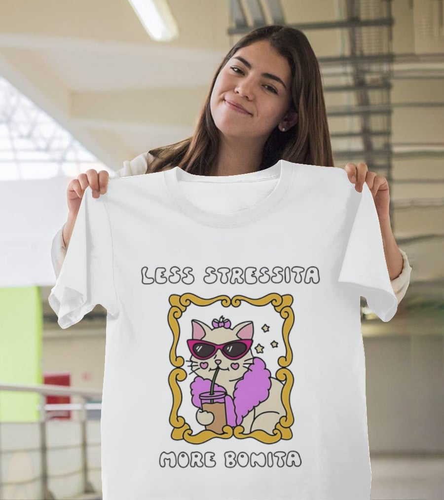 Less Stressita More Bonita Cat With Sunglasses And Drink Framed In Yellow Border T-Shirt