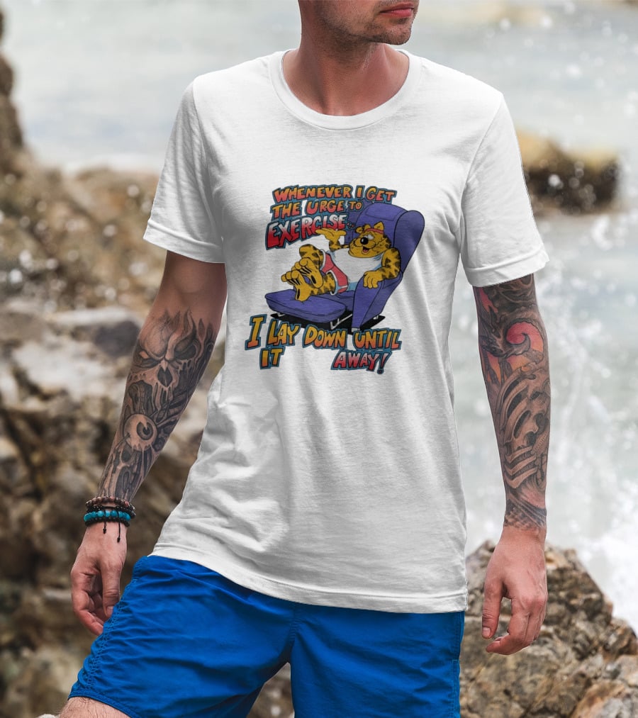 Whenever I Get The Urge To Exercise Cartoon Cat Lounging Until It Goes Away T-Shirt