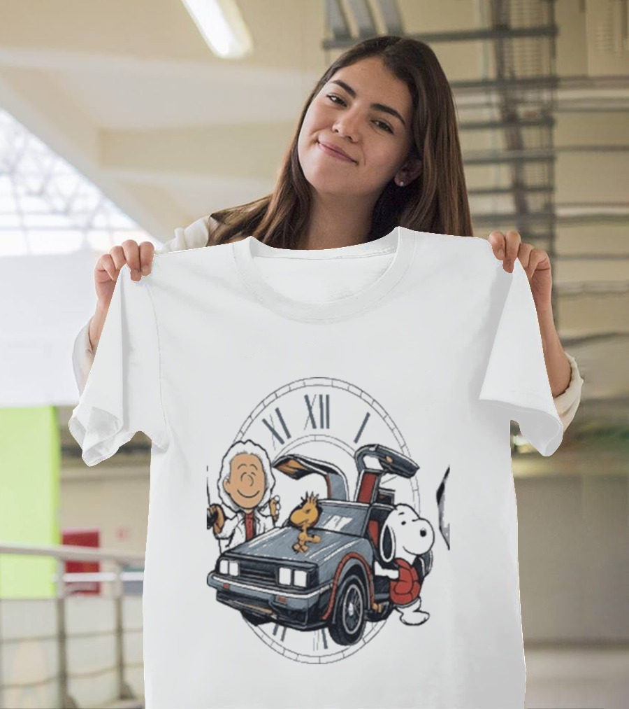 Peanuts Characters With DeLorean Time Machine And T-Shirt
