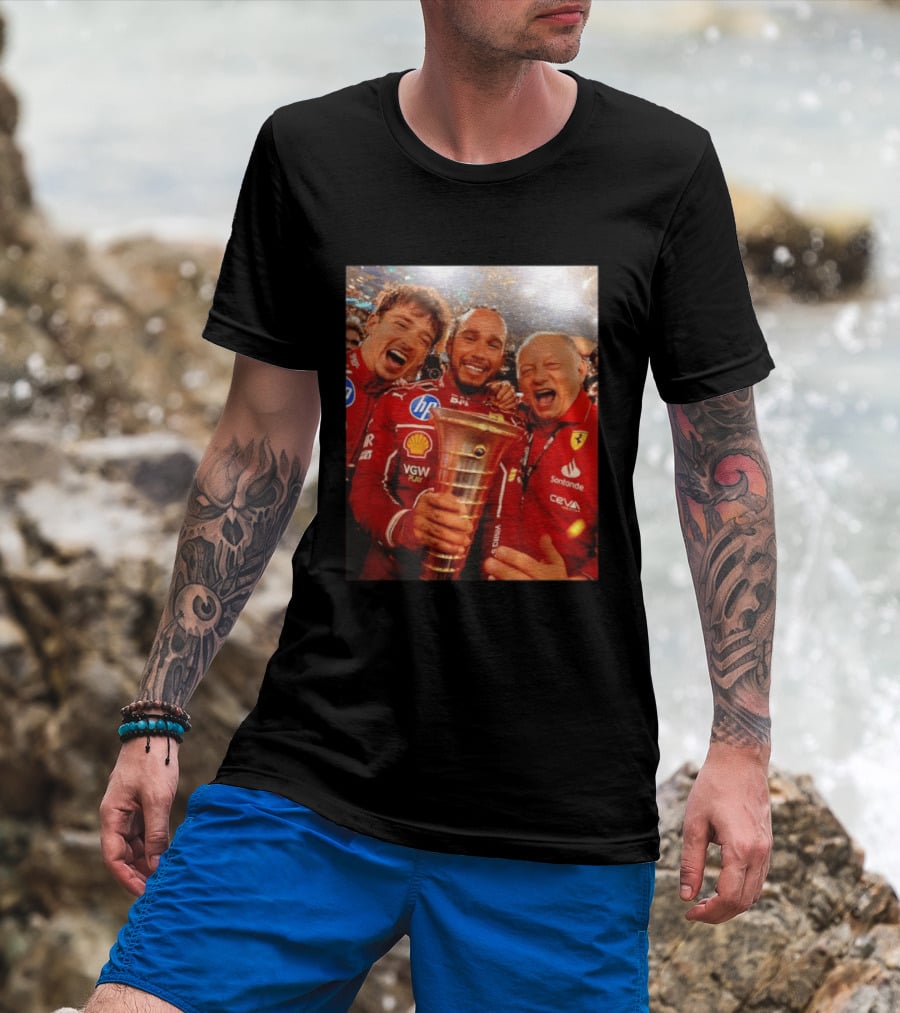 Charles Leclerc Lewis Hamilton Frederic Vasseur Ferrari Victory Celebration Trophy BP Shell Santander CEVA Racing T-Shirt