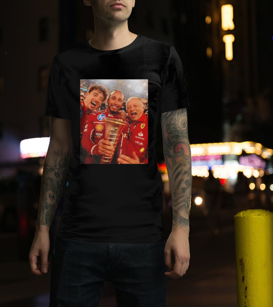 Charles Leclerc Lewis Hamilton Frederic Vasseur Ferrari Victory Celebration Trophy BP Shell Santander CEVA Racing T-Shirt
