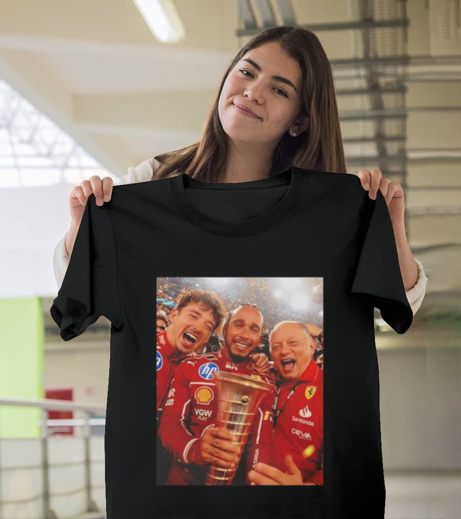 Charles Leclerc Lewis Hamilton Frederic Vasseur Ferrari Victory Celebration Trophy BP Shell Santander CEVA Racing T-Shirt