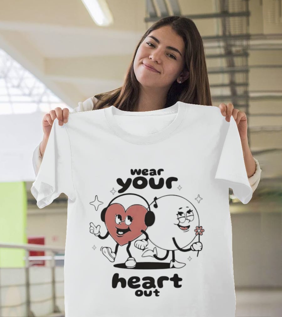 Wear Your Heart Out Love Aesthetic Headphones And Flower Cartoon Characters T-Shirt