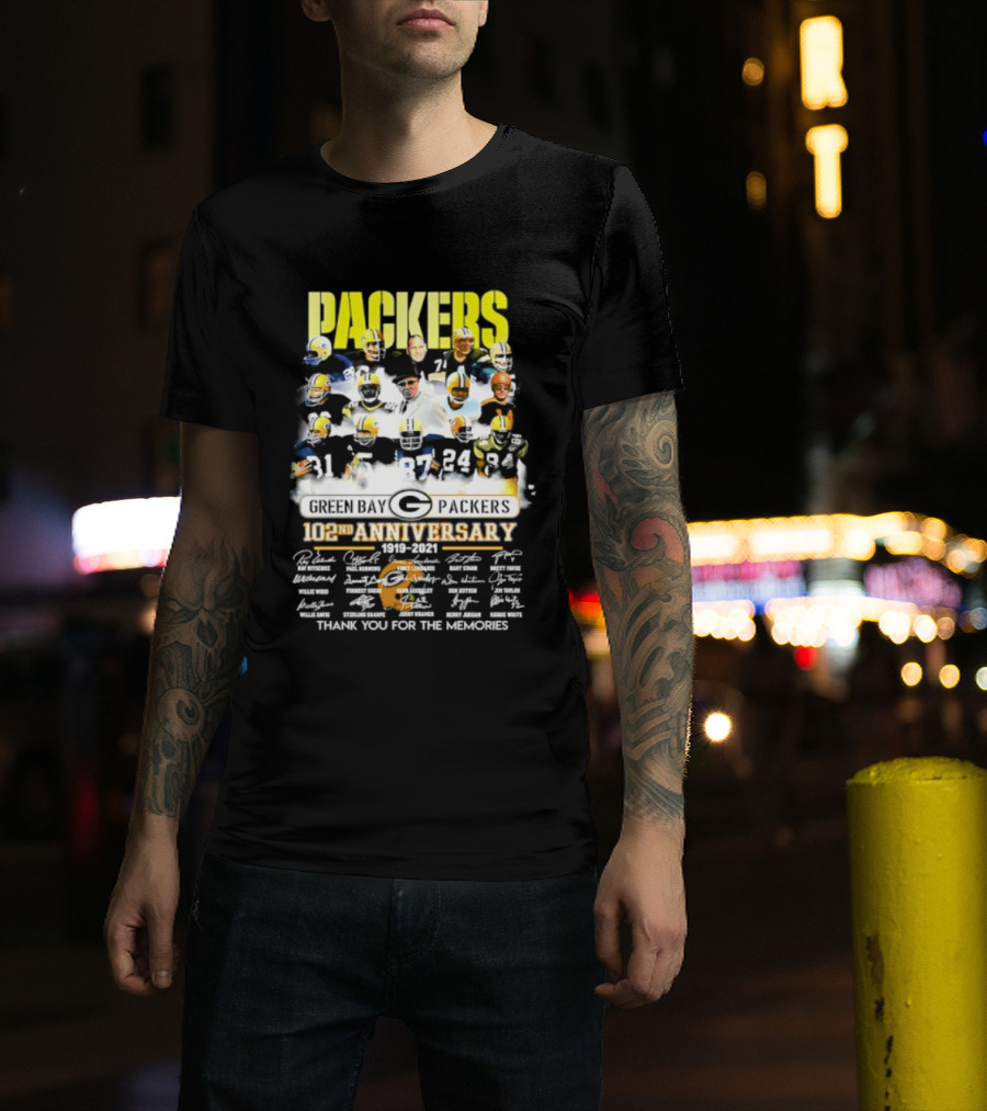 Green Bay Packers 102nd Anniversary 1919 2021 Thank You For The Memories Packers Legends Signatures Collection T-Shirt