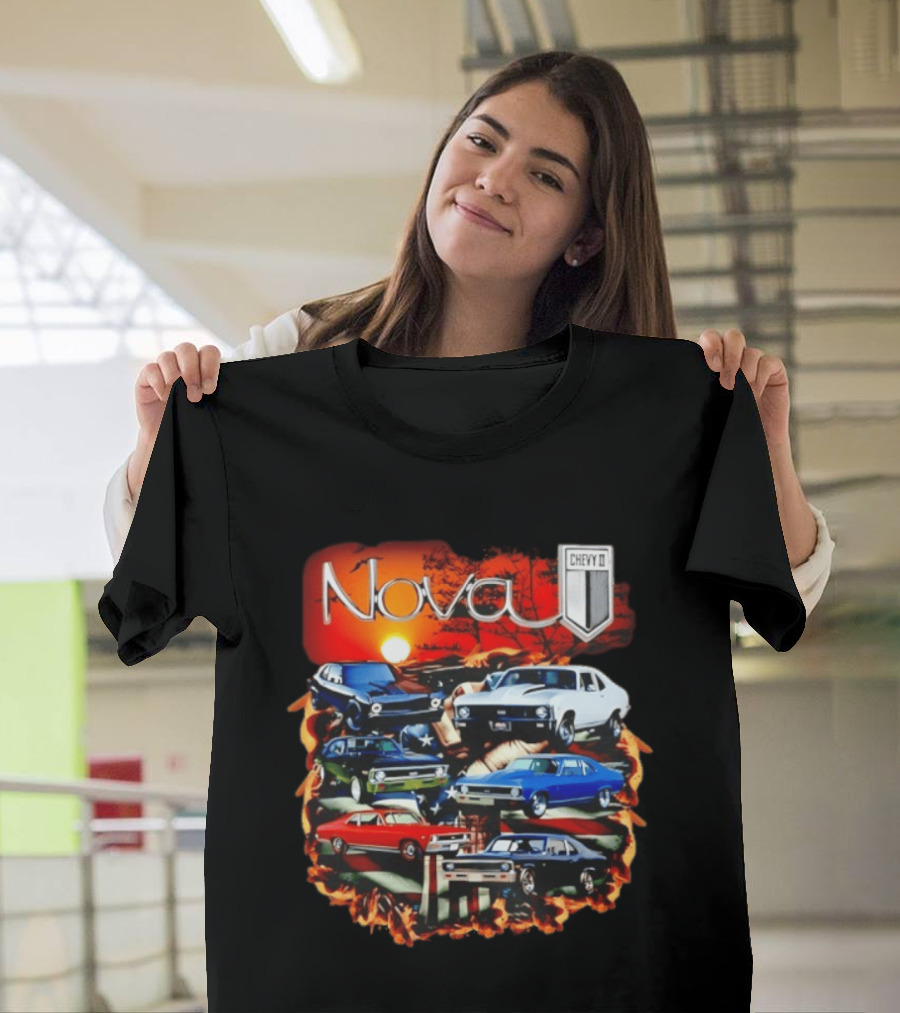 Nova Chevy II American Flag Muscle Car Collection Vintage Sunset T-Shirt